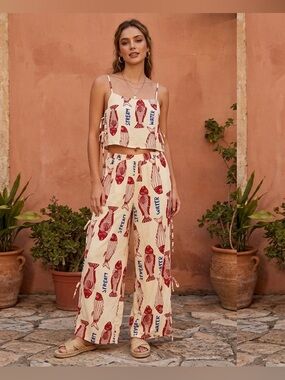 Two-Piece Fish Print Pants & Tank Top Set Cream Red Blue XL New